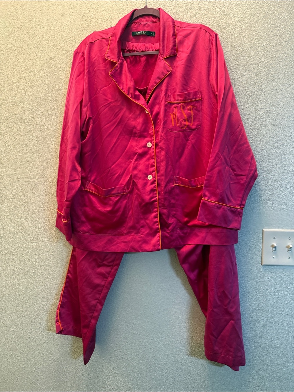 Lauren Ralph Lauren Hot Pink Satin Pajama Set with Gold Trim